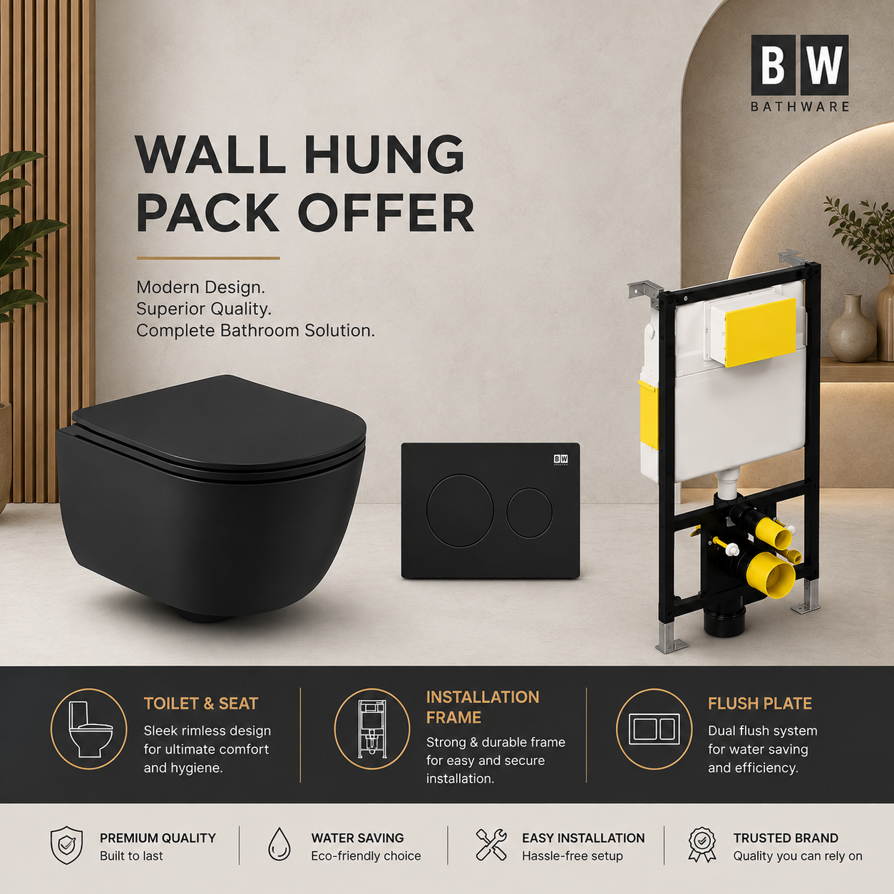 Wall Hung Black Toilet, Frame & Button Pack image 2