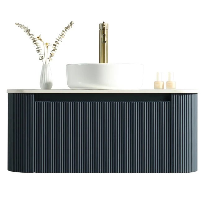Fluted Curved Corner Vanity Unit with Counter Top – Midnight Shadow