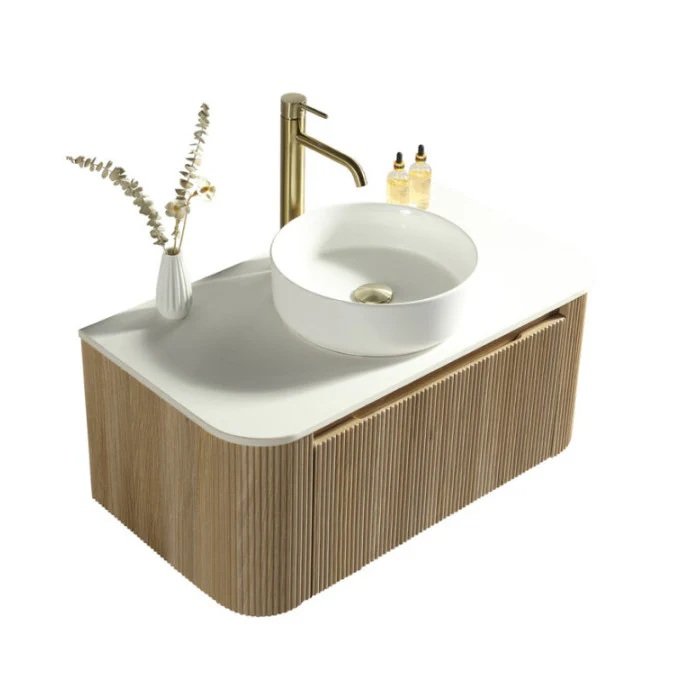 Fluted Wall-Hung Curved Corner Vanity Unit with Counter Top – Country Oak