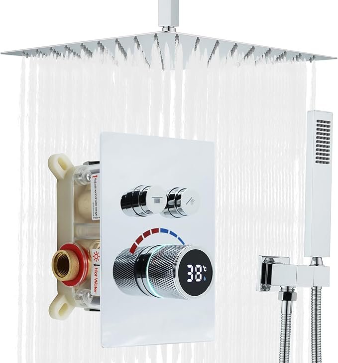 16 Inch Ceiling Mounted Shower Mixer Set, 2 Functions Rain Shower System with Concealed LED Digital Display，Chrome