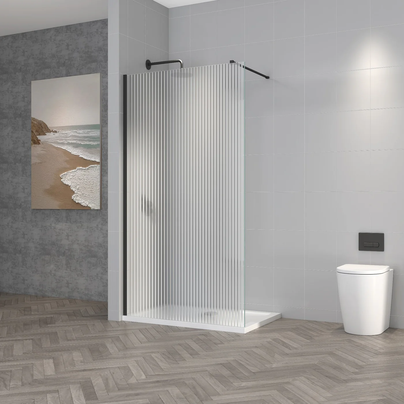 800mm Fluted Wet Room Screen - Black