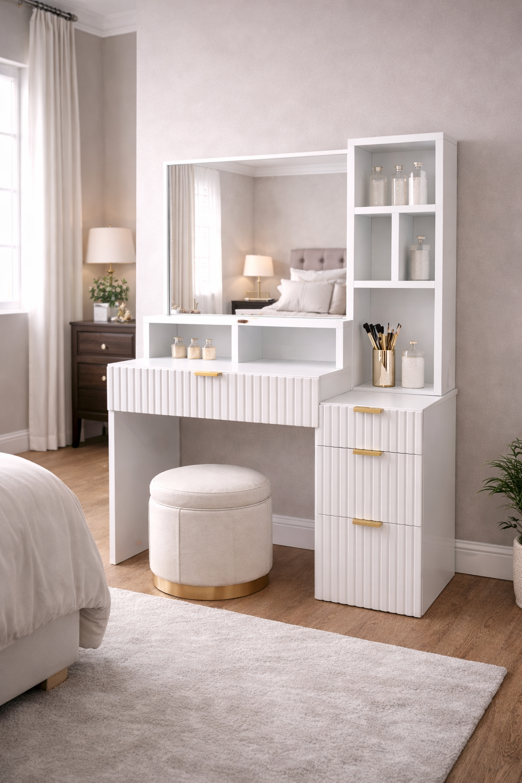 White Makeup Vanity Table with Mirror, Shelves & Drawers