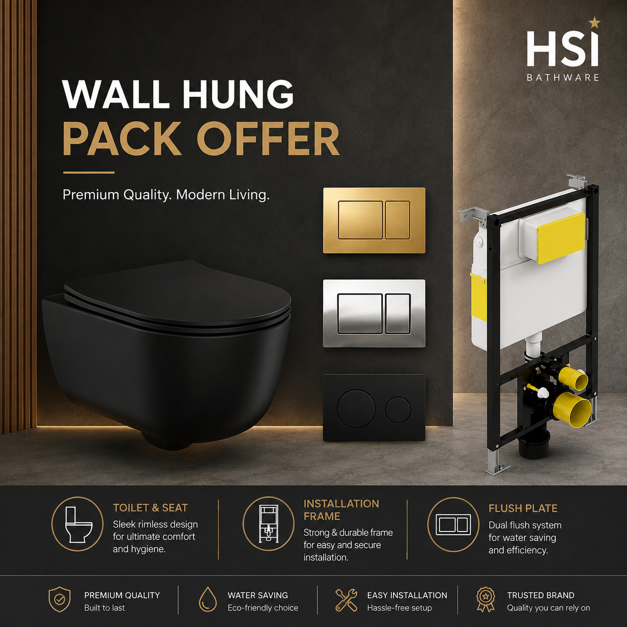 Wall Hung Black Toilet, Frame & Button Pack
