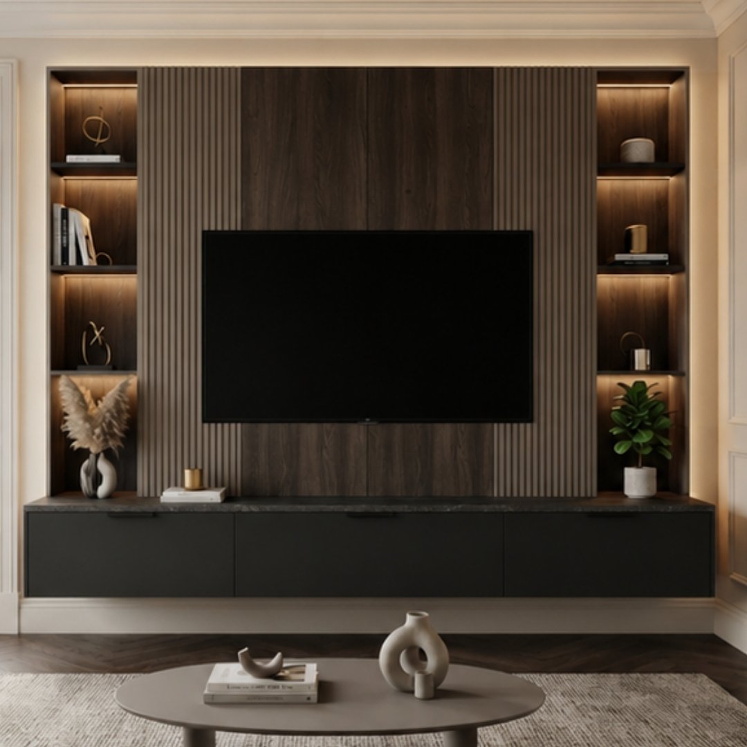 Modern Dark Wood TV Media Wall